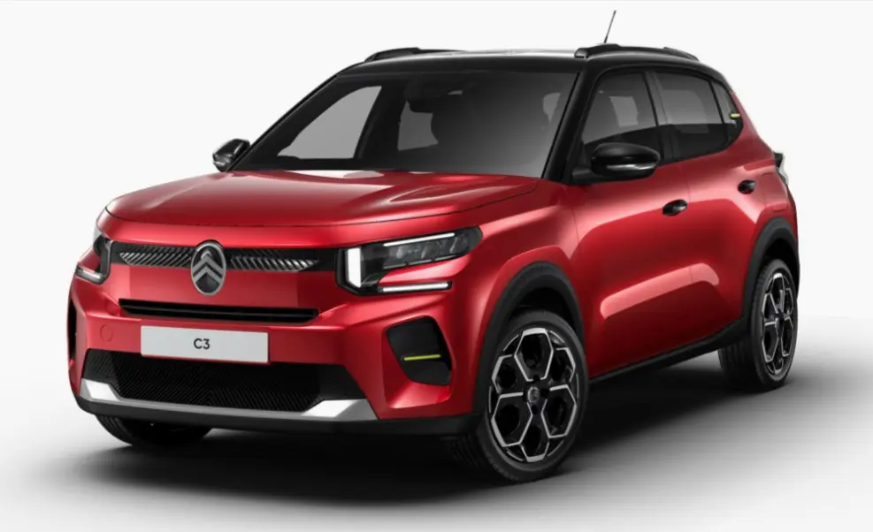 Citroën C3 hybride rouge vue 3/4 avant droit, avec calandre noire et jantes au design hexagonal.