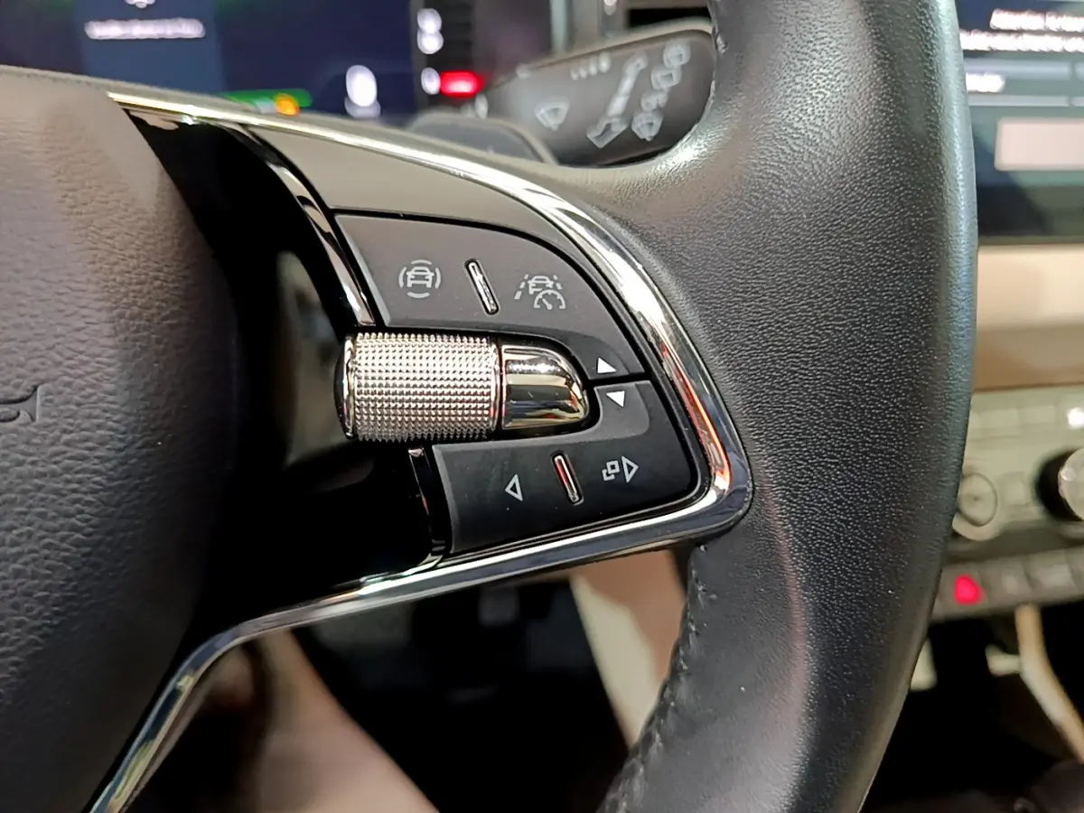 Gros plan sur les commandes du volant cuir noir du Skoda Karoq blanc, avec boutons d’aide à la conduite.