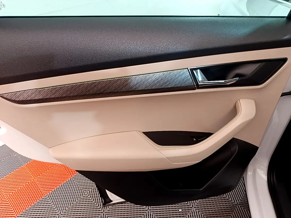 Vue intérieure côté gauche de la porte avant beige et noire avec insert effet bois du Skoda Karoq blanc 2023.