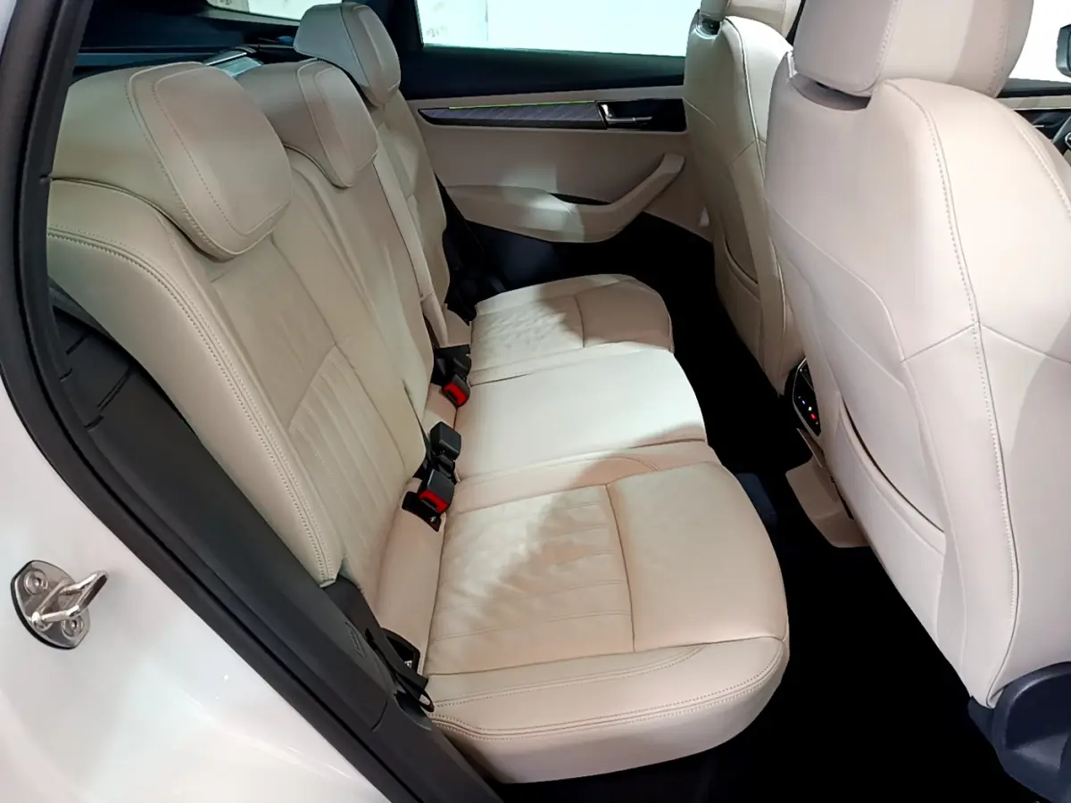 Vue intérieure côté gauche des sièges arrière en cuir beige du Skoda Karoq blanc 2023, avec détails des appuie-têtes et portières.