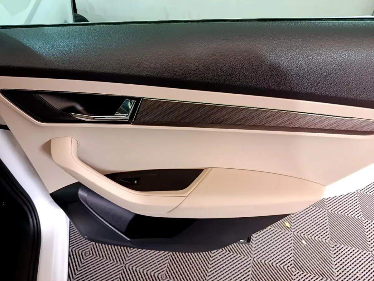 Gros plan sur la porte intérieure côté droit du Skoda Karoq blanc, avec garniture beige et insert bois foncé.