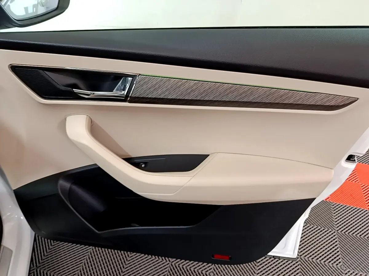 Intérieur côté gauche de la porte avant beige et noir avec insert bois sur Skoda Karoq blanc 2023.