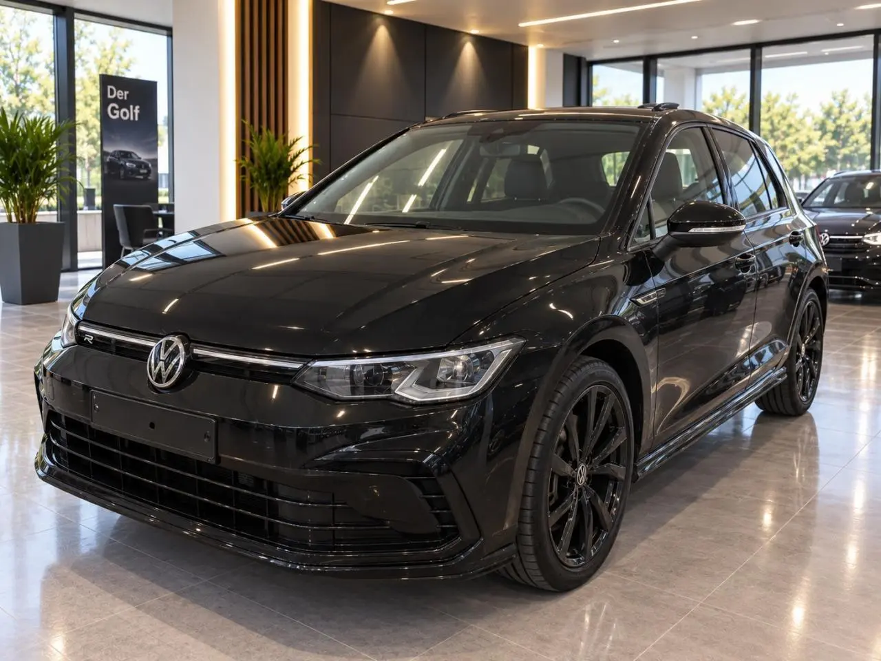 Volkswagen Golf 1.5 eTSI R-Line noir métal vue 3/4 avant avec jantes noires en alliage léger 18 pouces.
