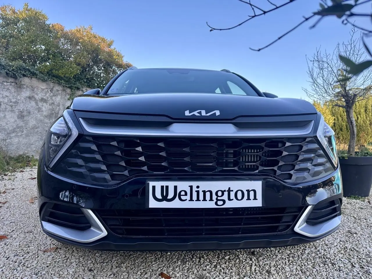Vue frontale rapprochée du Kia Sportage noir 2023 avec calandre hexagonale et logo Kia lumineux.
