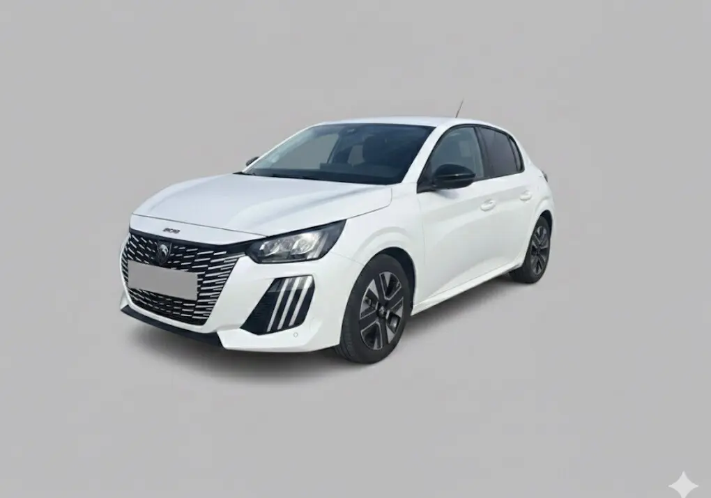 PEUGEOT 208 Hybrid 110 e-DCS6 Allure blanc vu en 3/4 avant droit avec calandre distinctive et jantes noires.