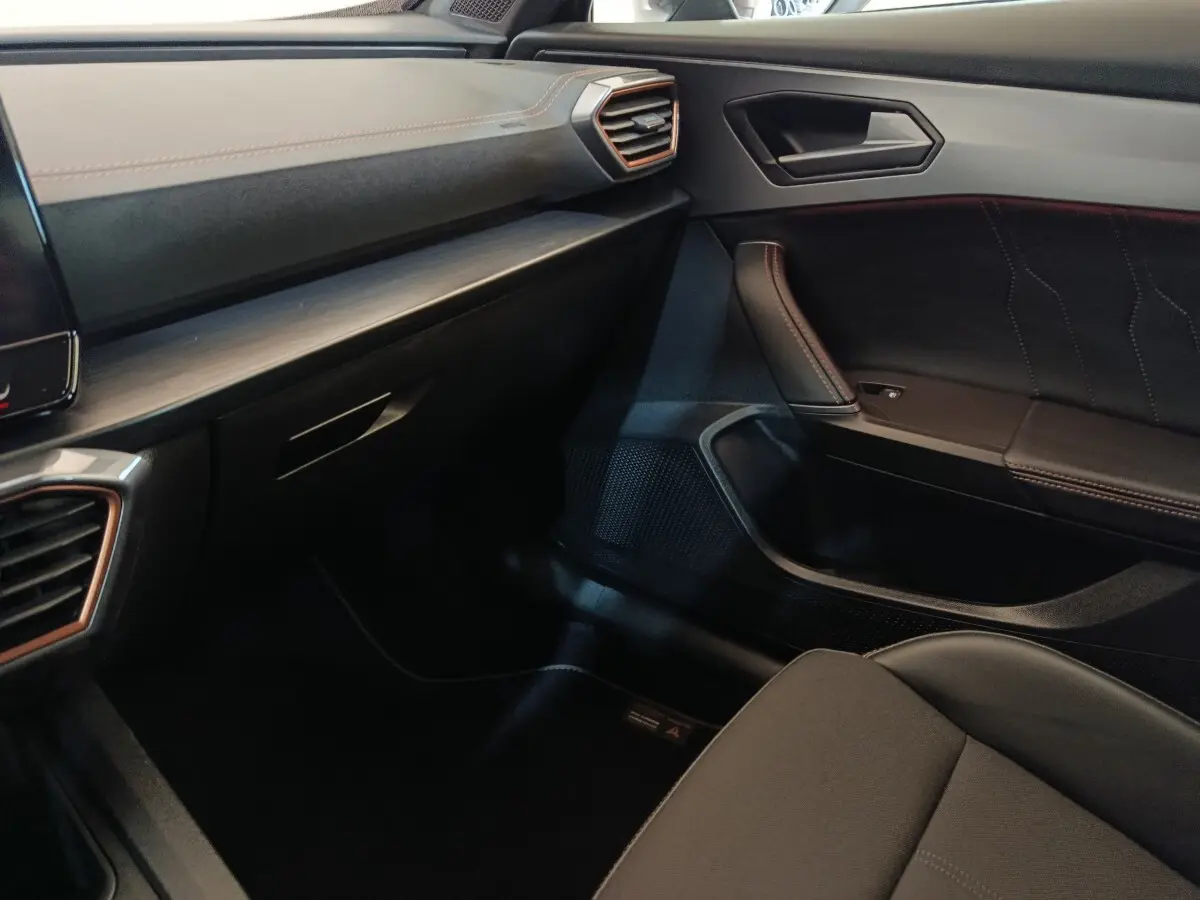 Vue intérieure côté passager du tableau de bord et de la porte avec finitions noires et surpiqûres contrastantes.