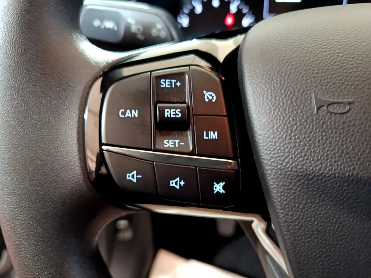 Gros plan sur les commandes du régulateur de vitesse et du volume audio sur le volant noir d'une Ford Fiesta blanche.