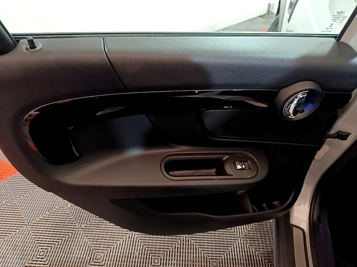 Vue intérieure côté gauche de la porte d’une MINI Countryman gris clair, avec poignée et commande de vitre intégrée.