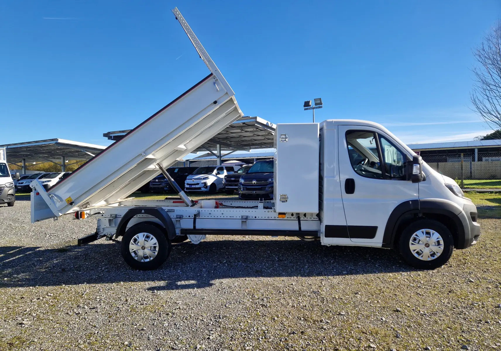 Fiat Ducato Chassis Benne blanc vu de profil côté gauche, benne acier relevée et coffre latéral visible.