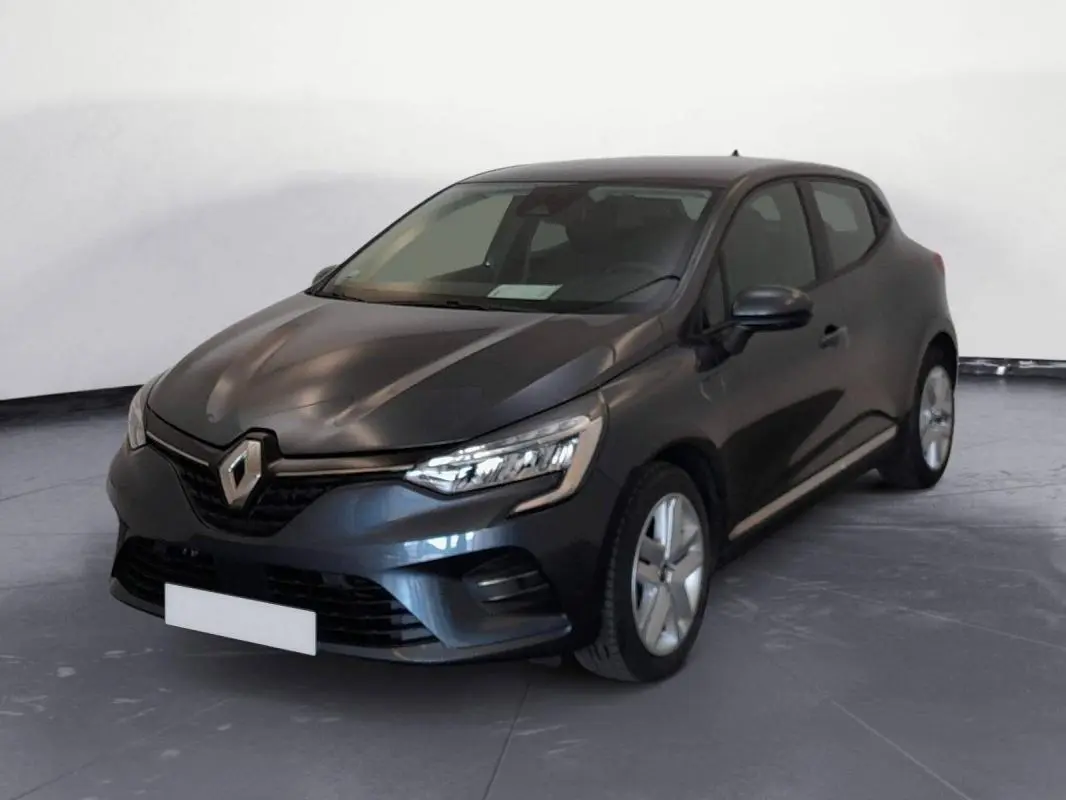 Renault Clio V TCe 100 Business gris foncé vue 3/4 avant droit, avec phares LED et jantes alliage.