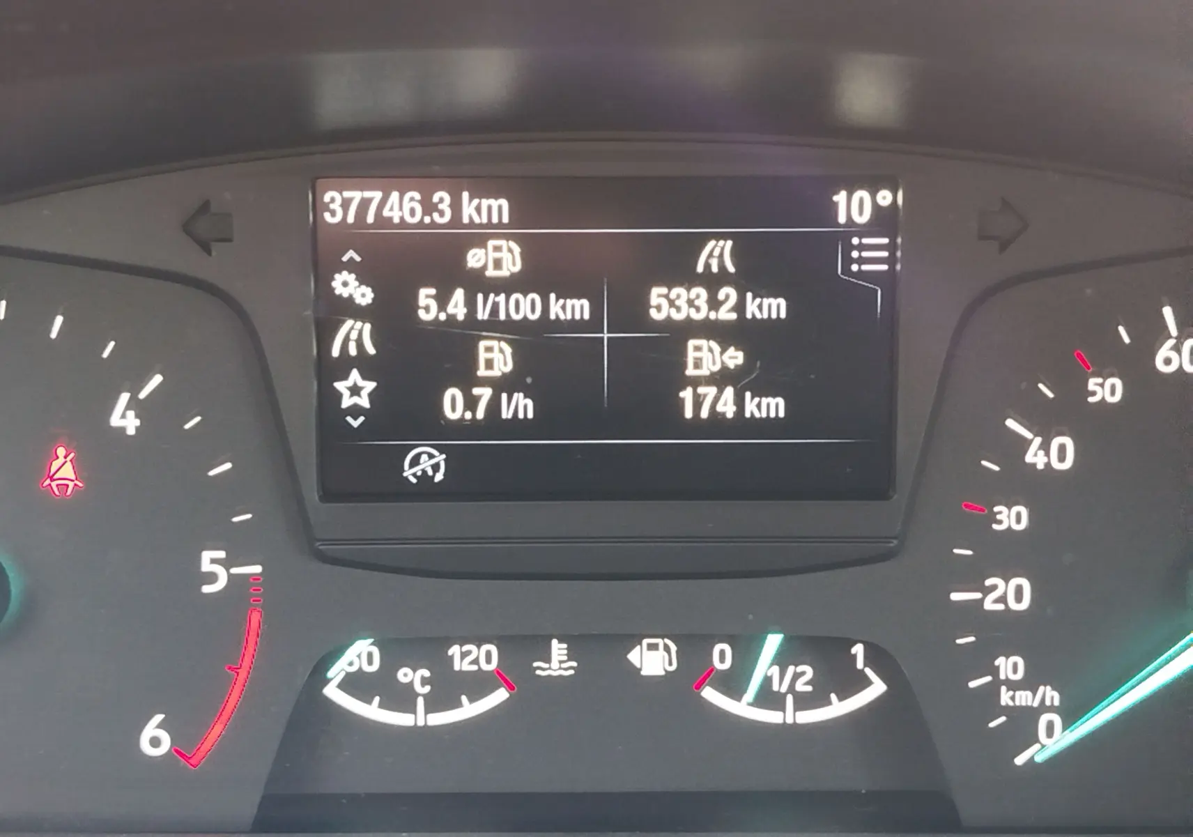 Tableau de bord de Ford Fiesta gris lunaire 2019, affichage digital central avec compteurs analogiques autour.