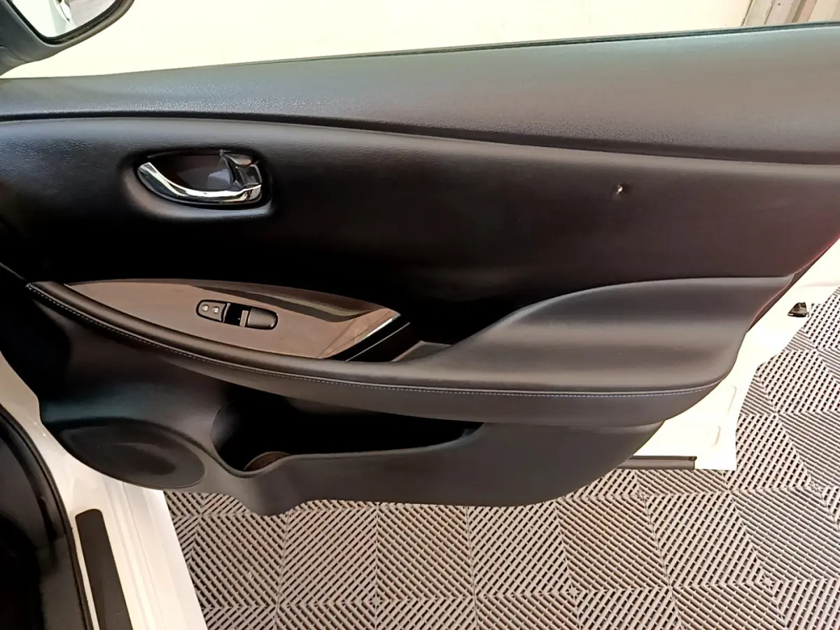 Gros plan sur la porte côté conducteur noire avec commandes électriques sur une Nissan Leaf blanche de 2020.