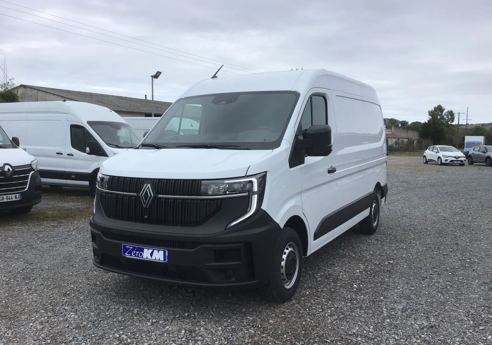 Renault Master blanc en 3/4 avant droit sur un parking, avec calandre noire et logo Renault visible.