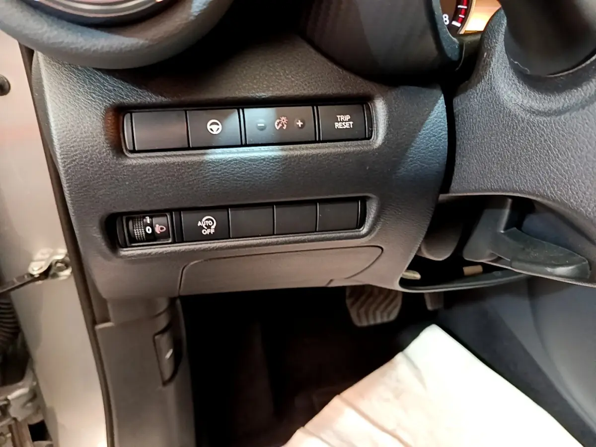 Vue intérieure côté gauche du tableau de bord noir du Nissan Juke gris clair avec commandes de réglage et bouton Trip Reset.