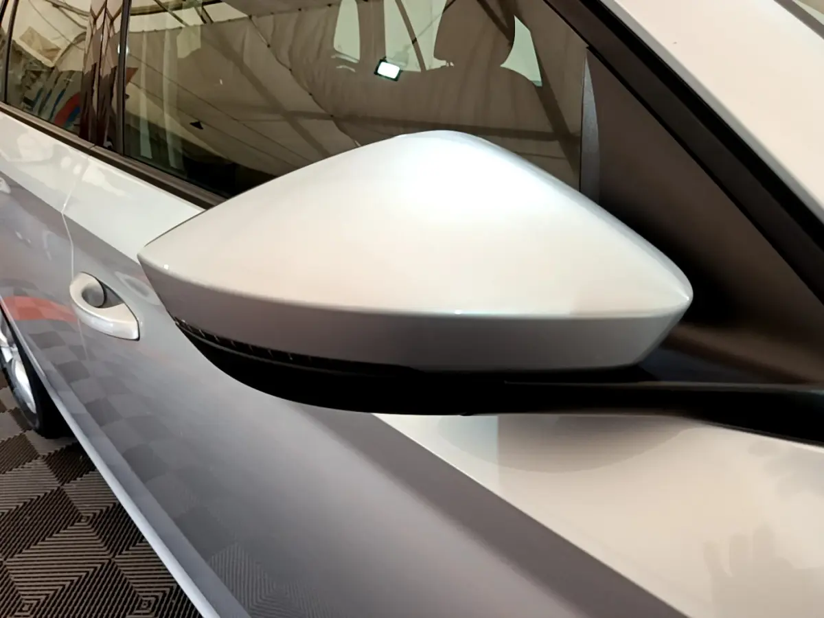 Rétroviseur côté gauche gris clair du Skoda Kamiq 2022, vue rapprochée avec poignée de porte visible.