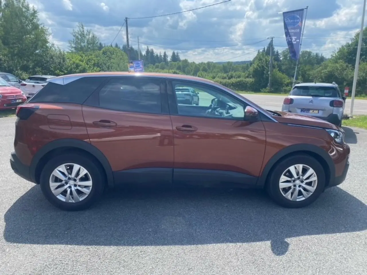 Profil côté gauche d'un Peugeot 3008 2019 métallisé copper avec jantes alliage 17 pouces sur parking extérieur.