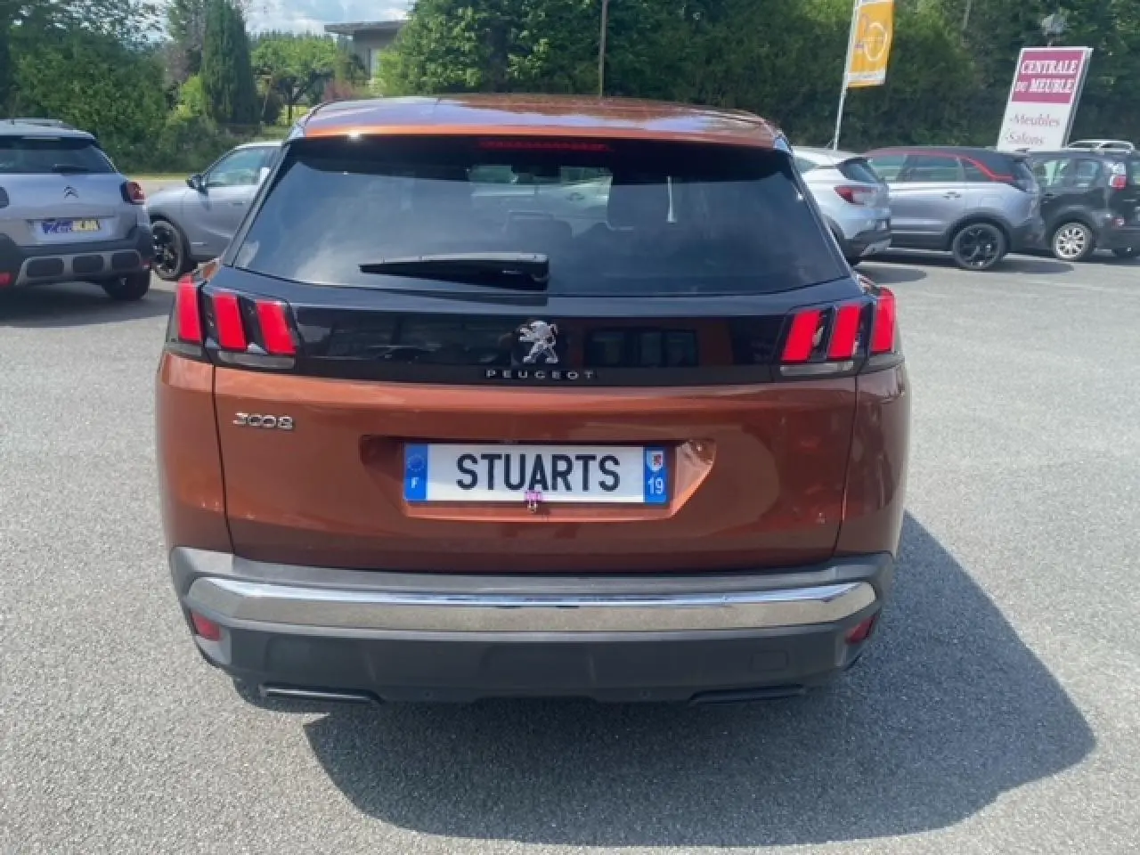 Vue arrière d'un Peugeot 3008 2019 métallisé copper avec feux arrière à trois griffes rouges et plaque personnalisée Stuarts.