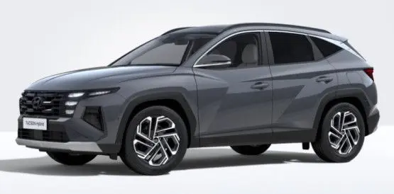 Vue 3/4 avant d'un Hyundai Tucson 2025 gris Ecotronic, avec calandre imposante et jantes bi-ton visibles.