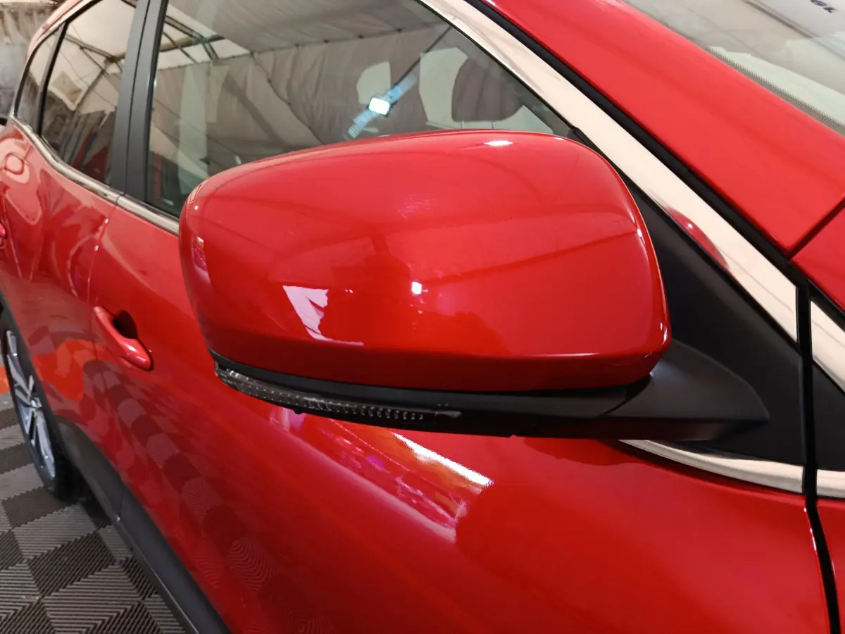 Rétroviseur côté gauche rouge brillant du Renault Kadjar Intens 2017 avec clignotant intégré visible.