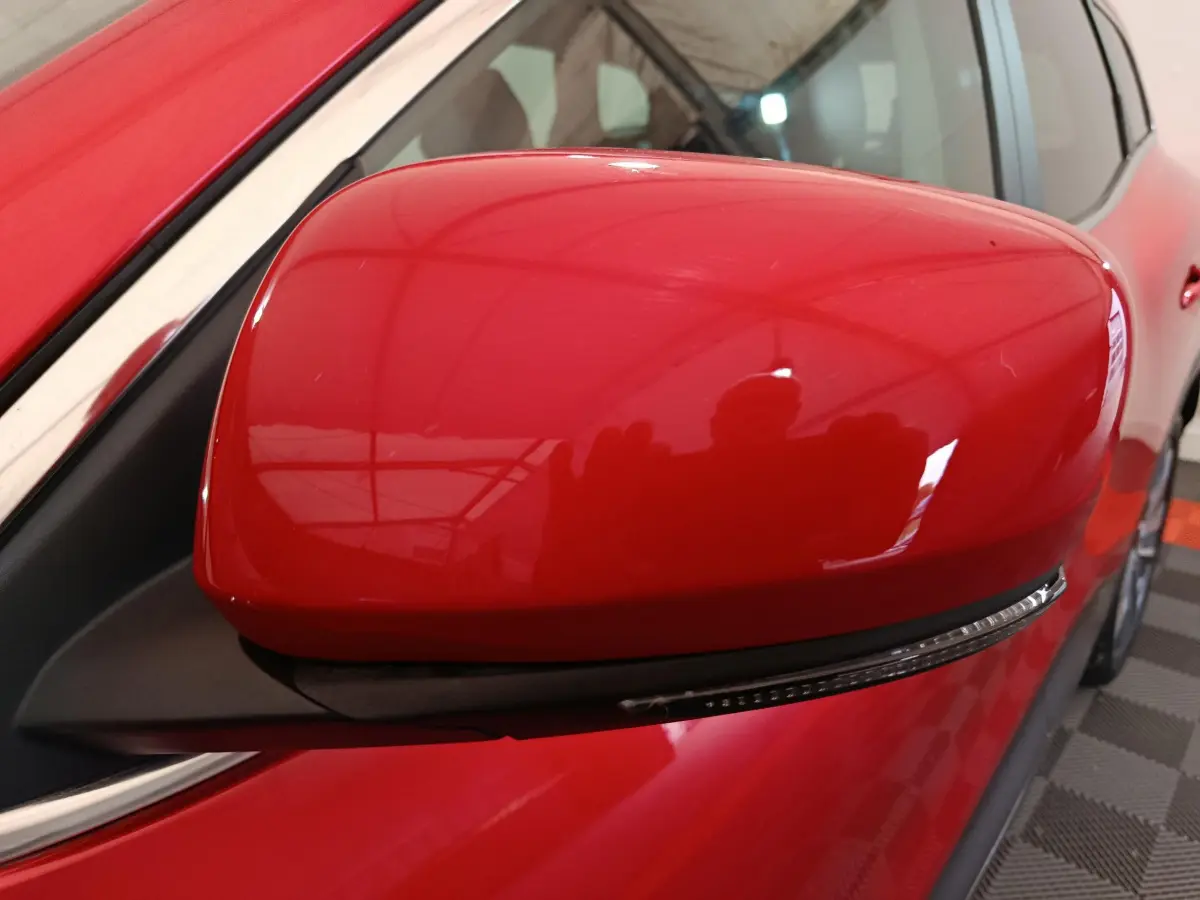 Rétroviseur droit rouge brillant du Renault Kadjar Intens 2017, avec clignotant intégré visible en gros plan.