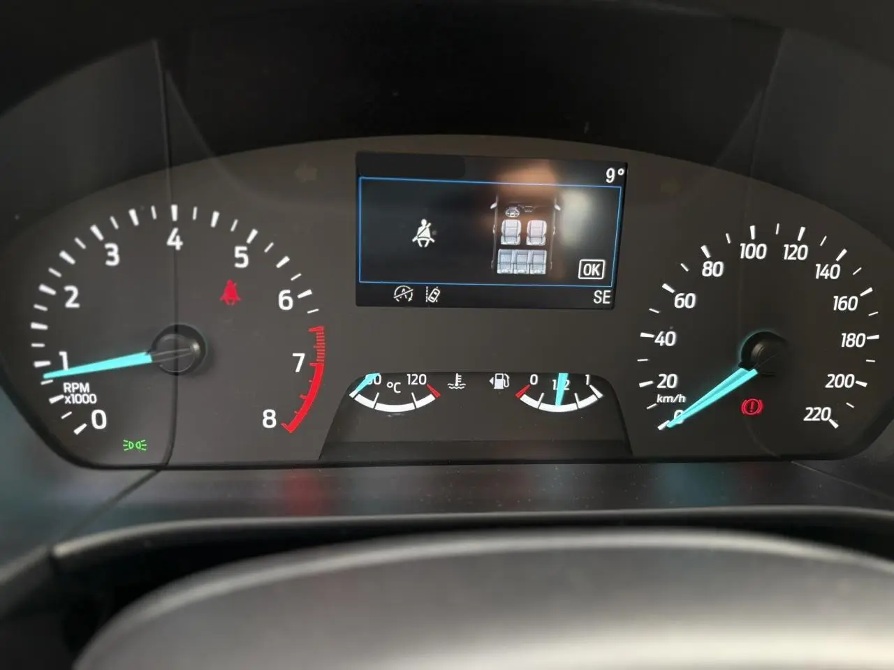 Vue rapprochée du tableau de bord du Ford Kuga 2024, affichage numérique et compte-tours à aiguille.