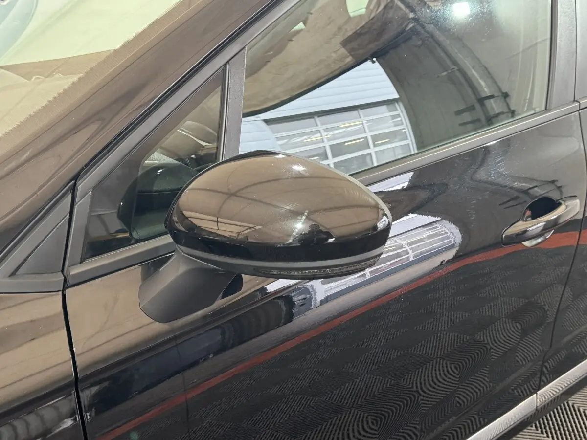 Gros plan sur le rétroviseur côté conducteur et la portière noire brillante d'une Renault Clio Business E-Tech hybride 2021.