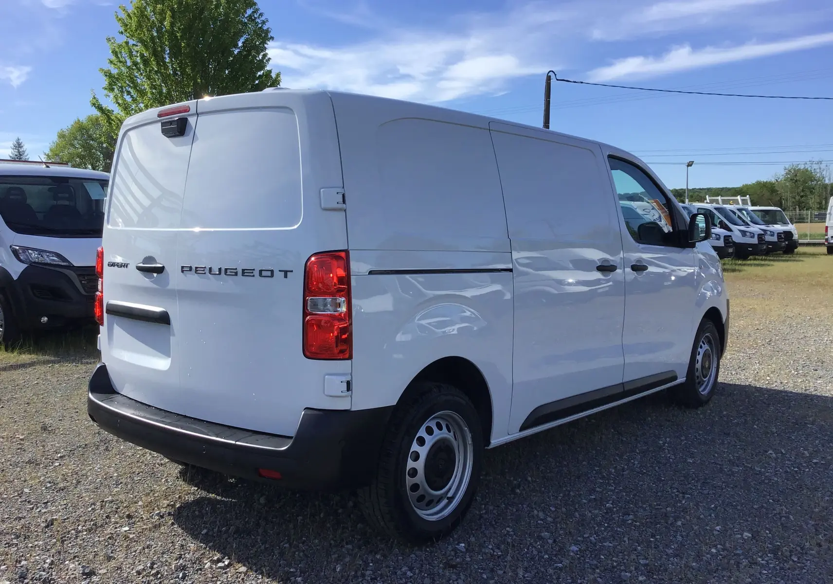 Vue 3/4 arrière droite d'un utilitaire Peugeot Expert Fourgon blanc, avec portes arrière pleines et pare-chocs noir robuste.