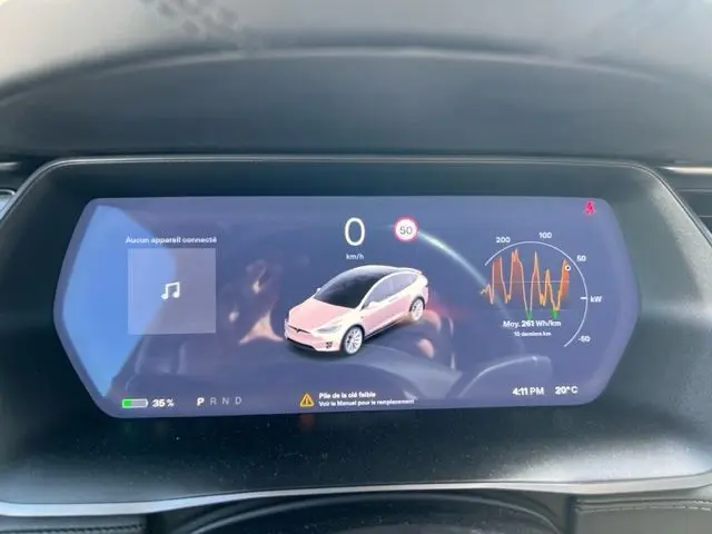 Affichage numérique du tableau de bord du Tesla Model X 2019 montrant la consommation et la vitesse à l'arrêt.