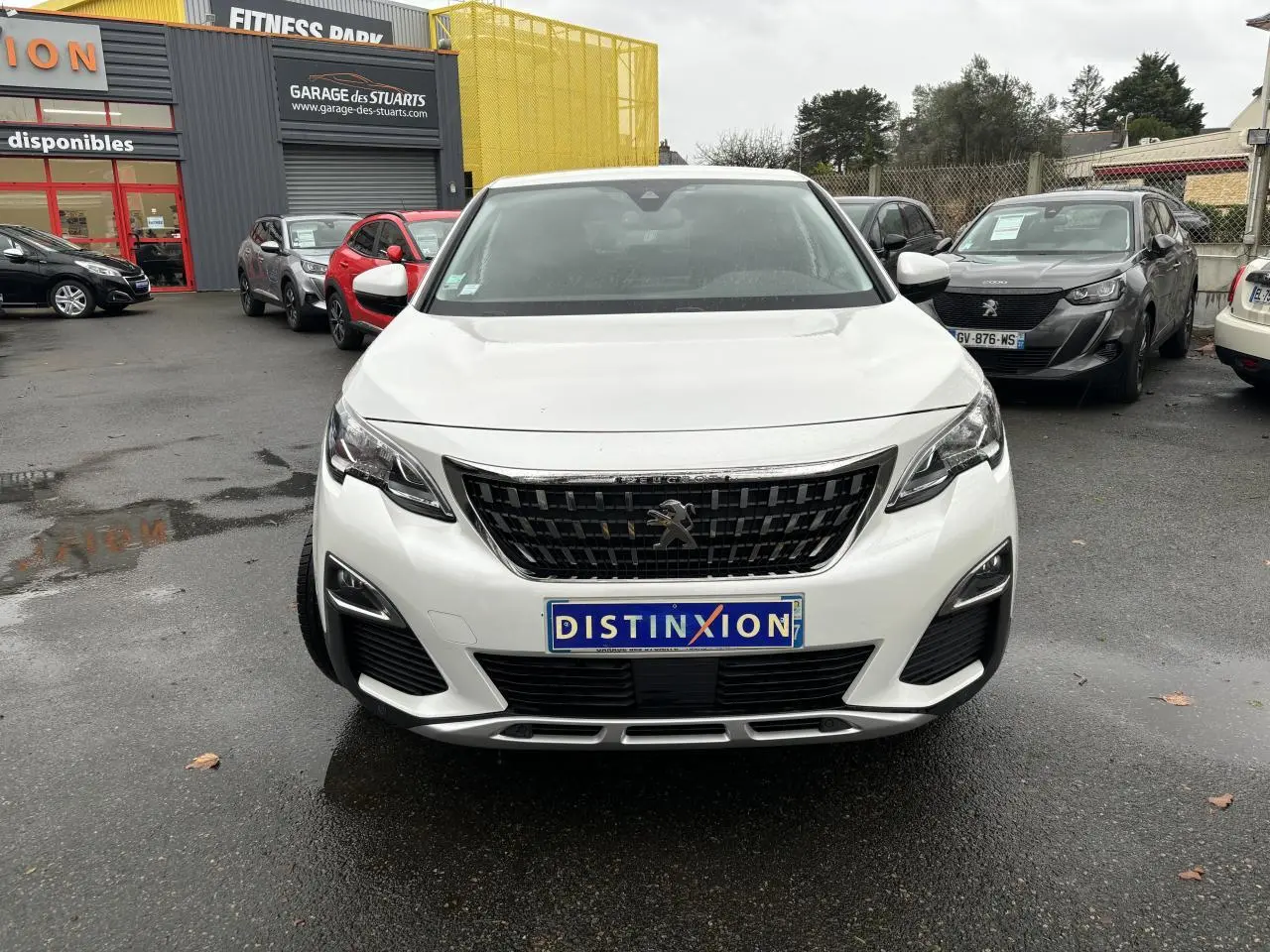 Vue frontale d'un Peugeot 3008 blanc nacré avec calandre noire et plaque Distinxion sur un parking humide.