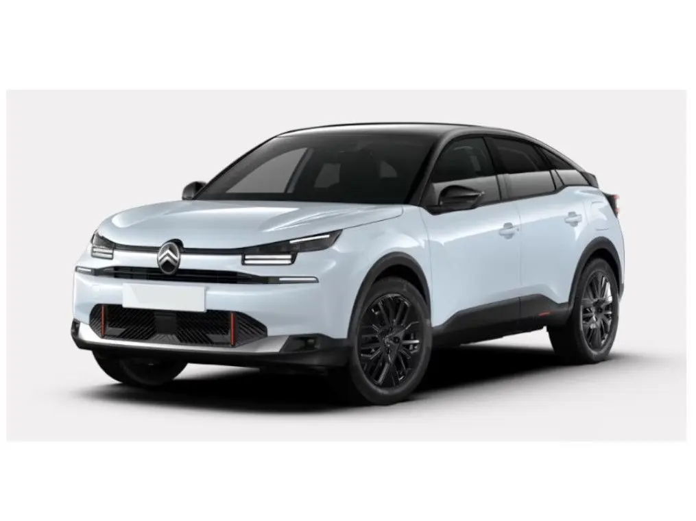 Citroën C4 hybride 2025 blanc Okenite avec toit noir Perla, vue 3/4 avant mettant en valeur ses jantes noires et son design moderne.
