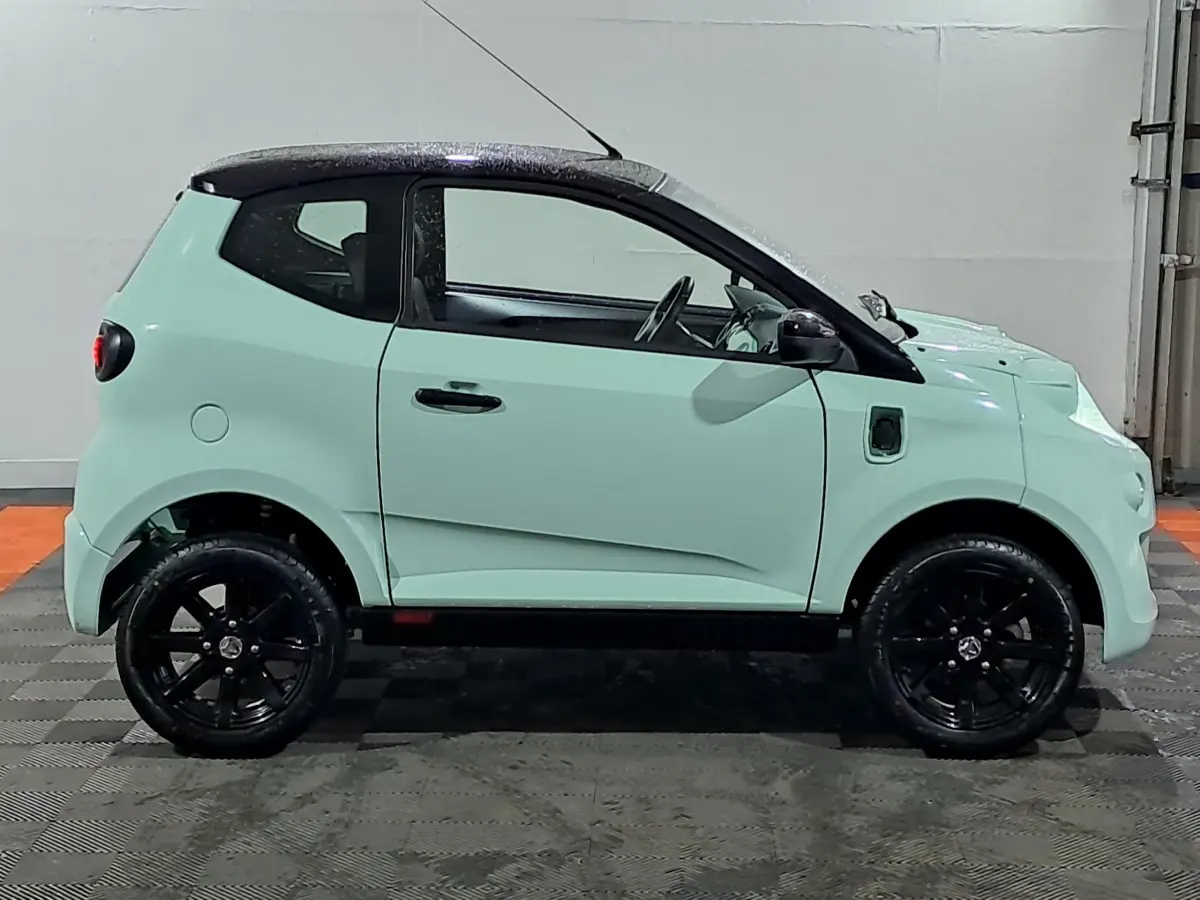 Vue de profil côté gauche de l'AIXAM MINAUTO E chic 2026 électrique vert avec toit noir et jantes noires.