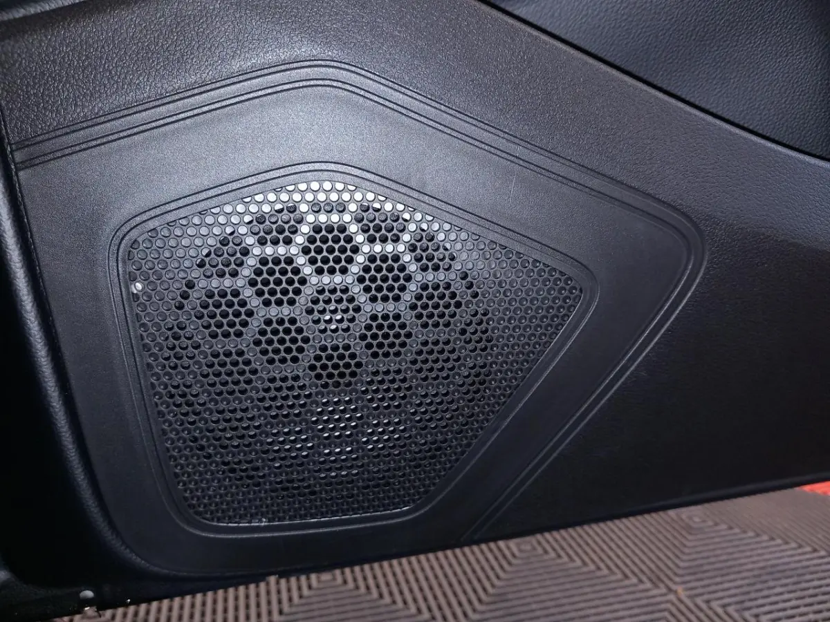 Gros plan sur le haut-parleur noir intégré à la porte intérieure d'un véhicule, détails du modèle non visibles.