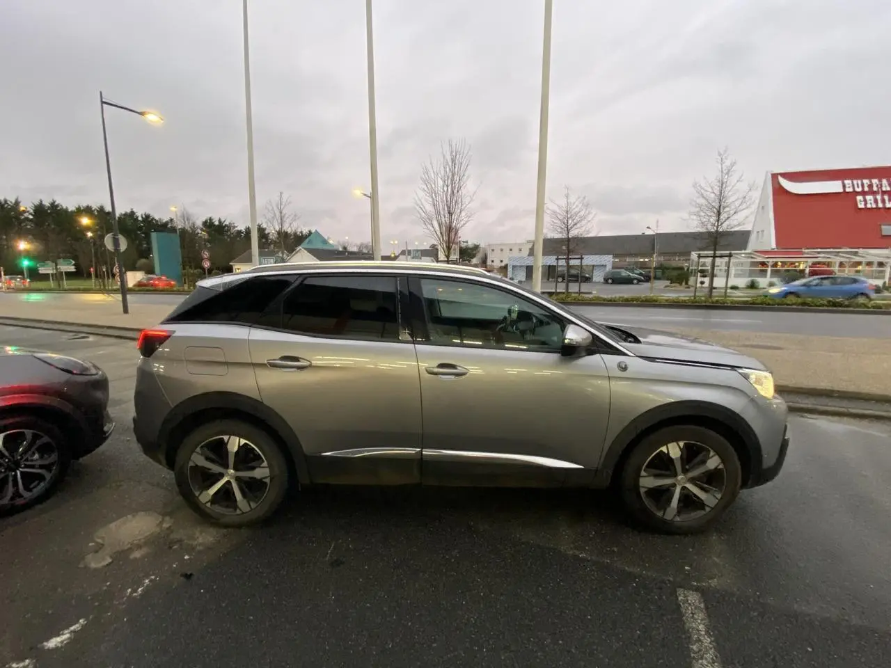 Profil côté droit du Peugeot 3008 gris Artense garé en extérieur sous un ciel nuageux.