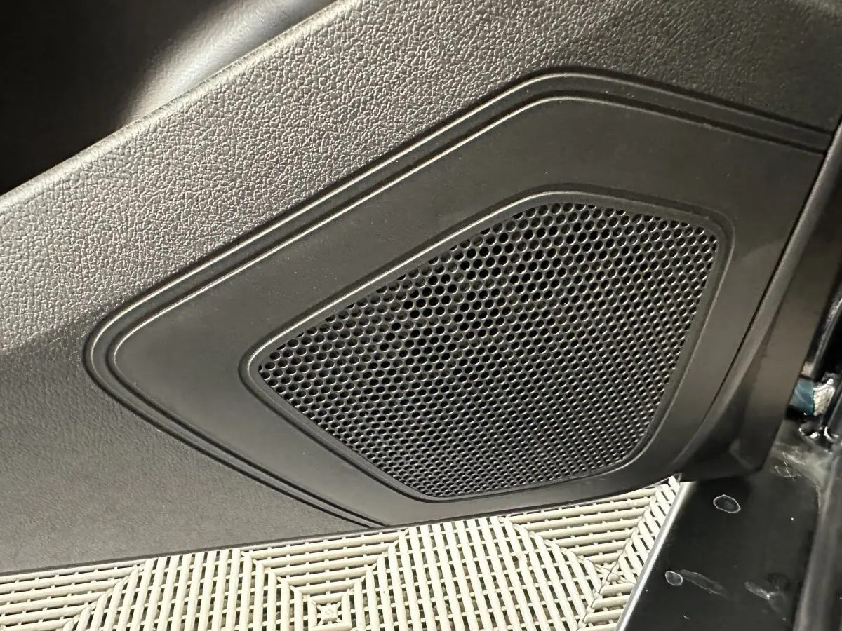 Gros plan sur le haut-parleur intégré à la porte intérieure d'une Aixam Ambition 0.5 City Pack bleu, côté conducteur.