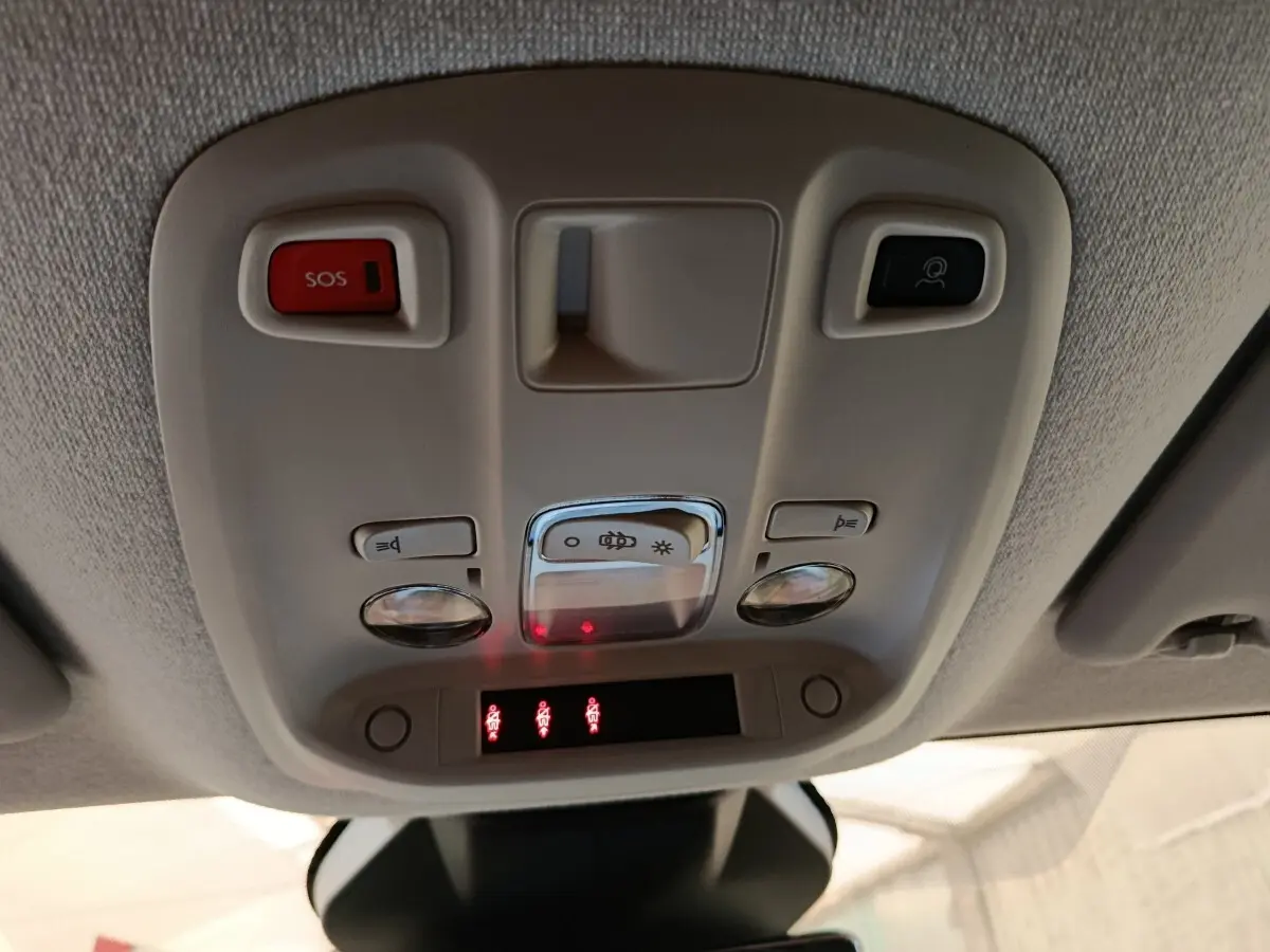 Plafonnier intérieur avec boutons SOS et éclairage, vue du tableau de bord du Peugeot Expert Fourgon noir.