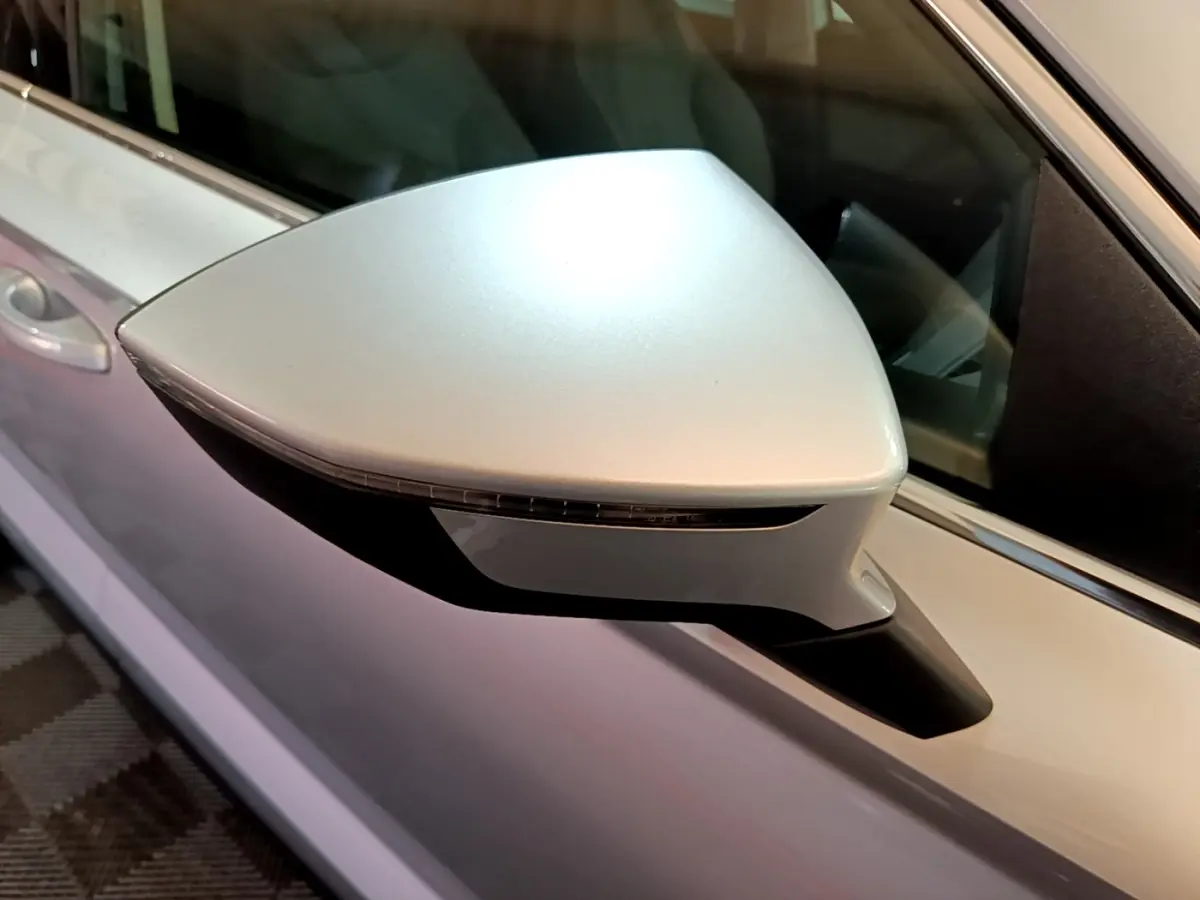 Rétroviseur côté gauche gris clair du SEAT Ateca 2022, avec clignotant intégré et carrosserie visible en arrière-plan.