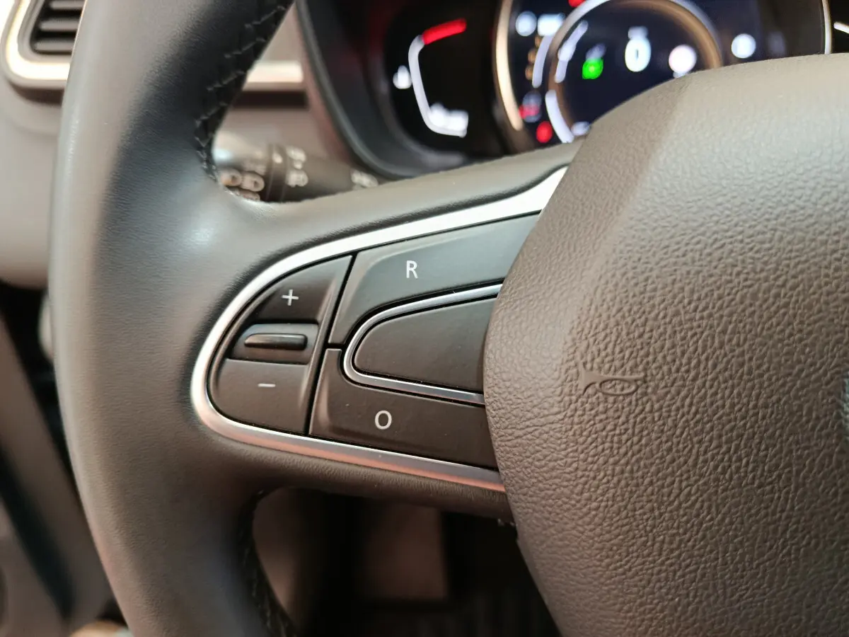 Gros plan sur les commandes au volant côté gauche du Renault Kadjar Business gris foncé, tableau de bord en arrière-plan flou.