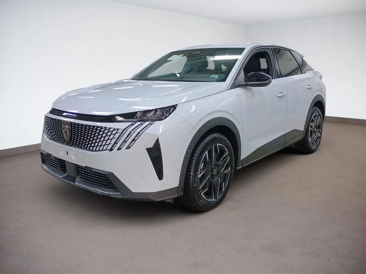 Peugeot 3008 blanc Okenite en 3/4 avant droit, avec calandre distinctive et jantes alliage noires brillantes.