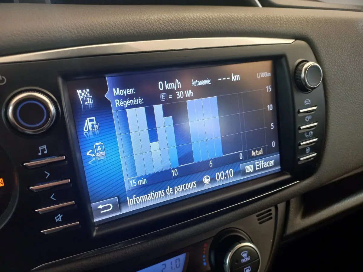 Écran tactile central affichant les données de parcours de la Toyota Yaris hybride 2018, vue de près côté passager.