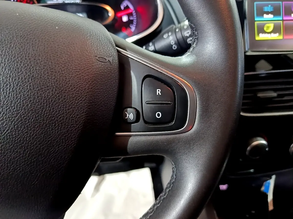 Gros plan sur le volant cuir noir de la Renault Clio Business 2018 avec commandes multifonctions visibles.