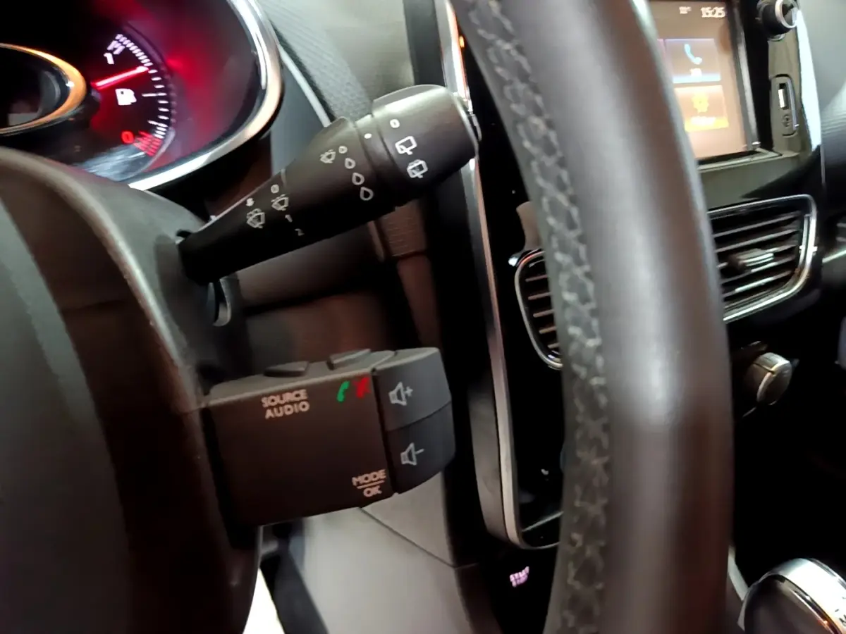 Gros plan intérieur sur le volant cuir et commandes audio au volant d’une Renault Clio Business gris clair de 2018.