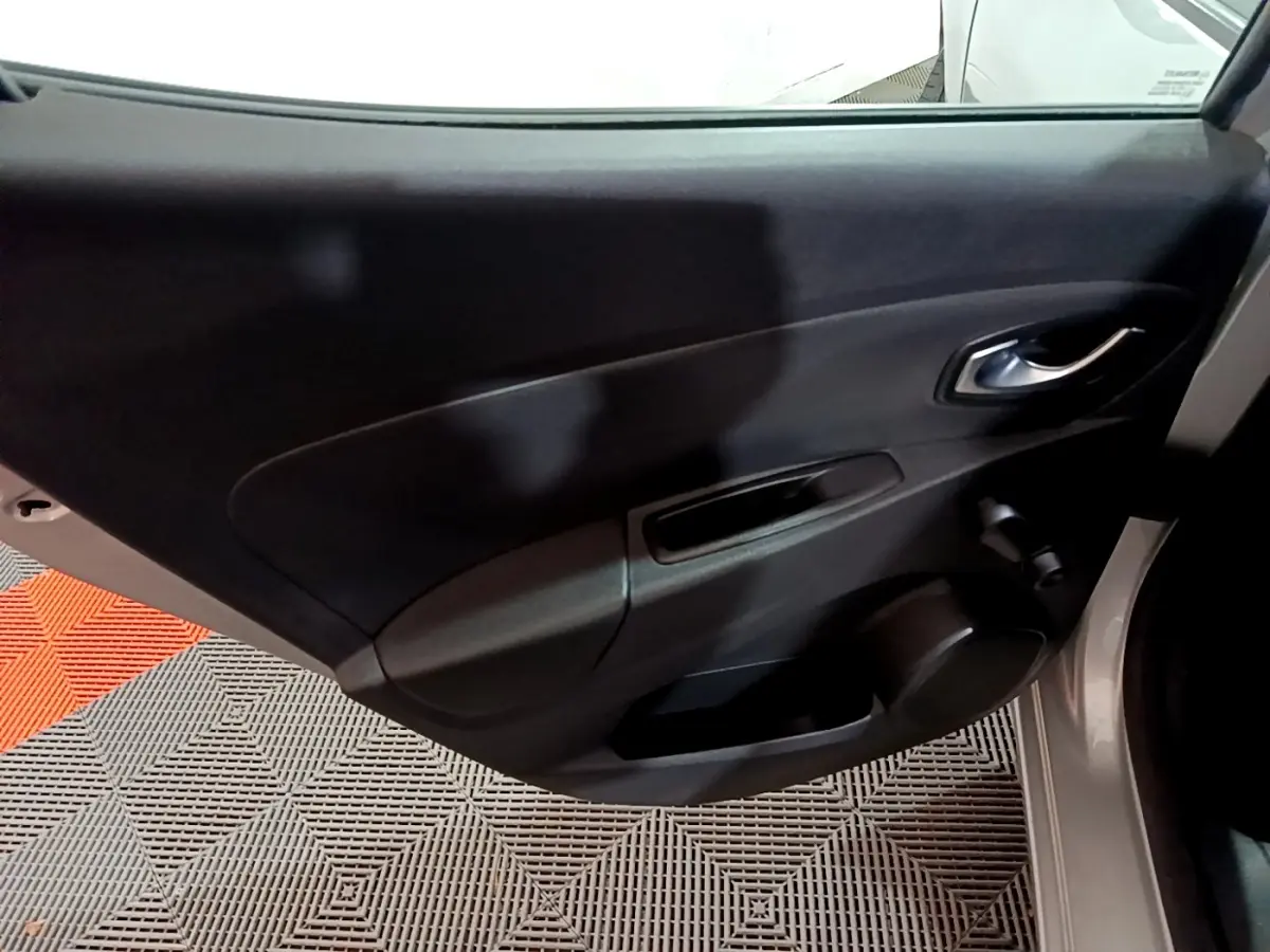 Vue intérieure de la porte côté droit de la Renault Clio Business gris clair, avec poignée et haut-parleur intégrés.