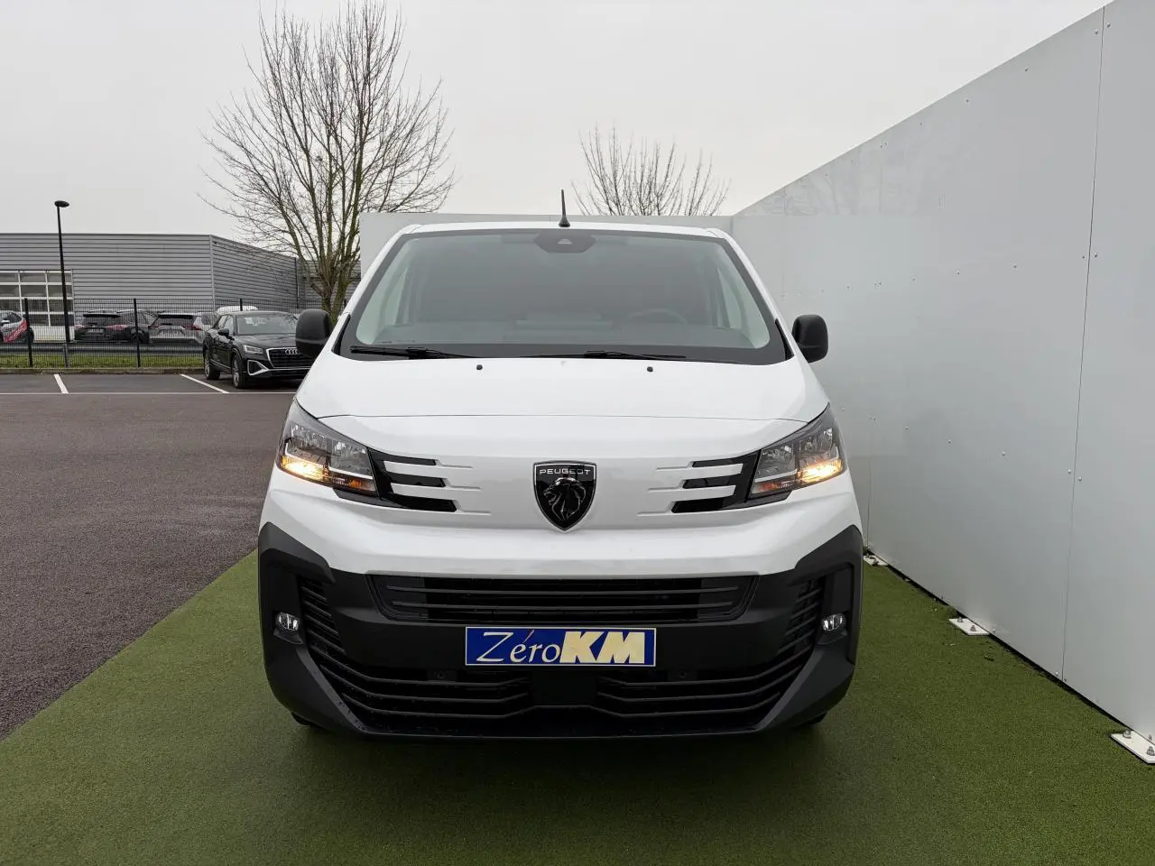Vue de face du Peugeot Expert Fourgon blanc Icy avec calandre noire et feux allumés sur parking.