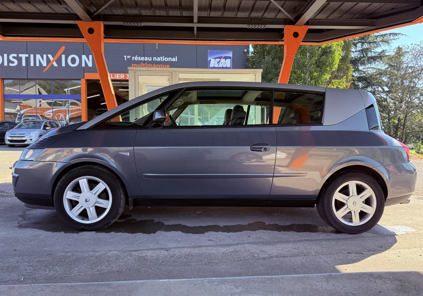 Profil côté gauche d'une Renault Avantime gris métallisé, avec ses lignes atypiques et ses jantes argentées sous un abri.