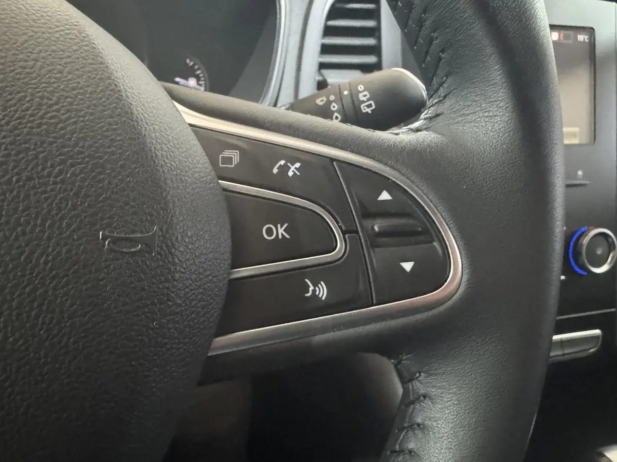 Gros plan sur le volant cuir noir de la Renault Mégane Business, avec commandes multifonctions visibles à droite.