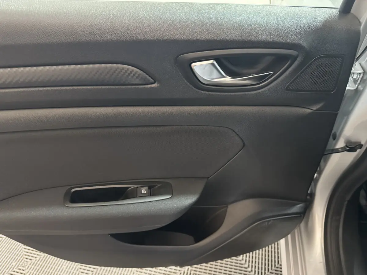 Vue intérieure côté gauche de la porte avant gris clair d'une Renault Mégane Business avec poignée argentée et bouton de verrouillage.