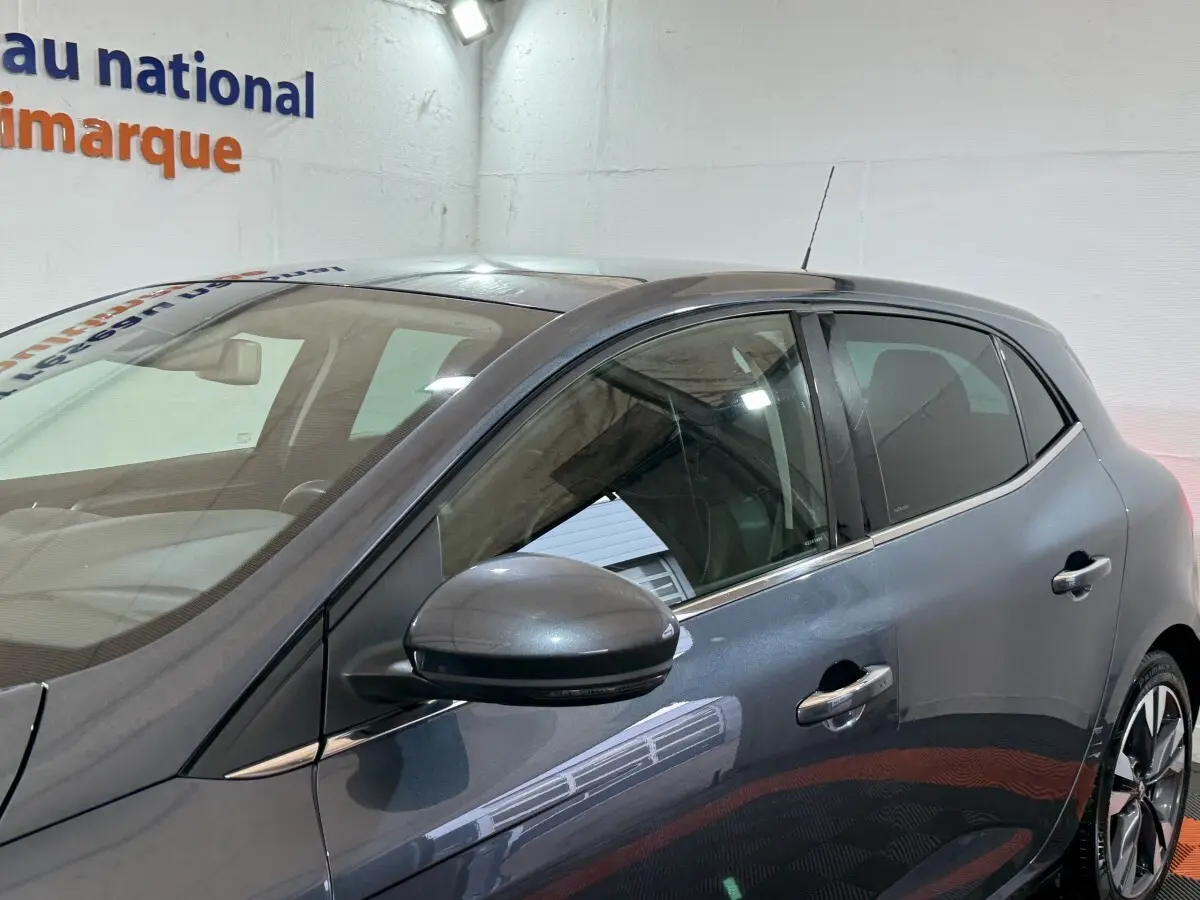 Vue latérale gauche d'une Renault Mégane Intens gris foncé, avec rétroviseur et poignées de porte visibles.