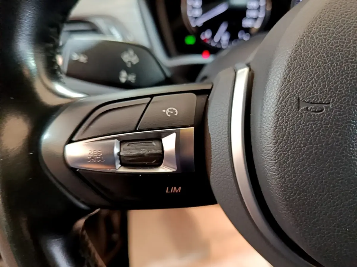 Gros plan sur les commandes du volant à gauche de la BMW X2 sDrive20i M Sport bleu, avec régulateur de vitesse.