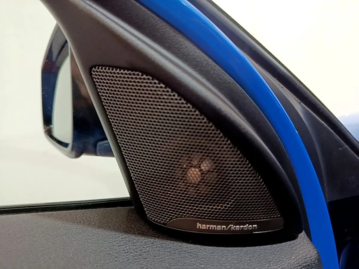 Gros plan sur l'enceinte Harman/Kardon intégrée côté gauche d'une BMW X2 bleu 2019 sDrive20i M Sport.