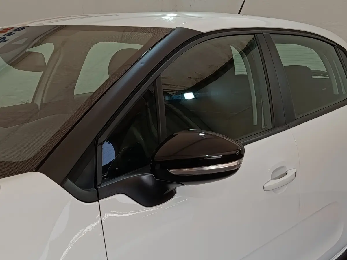 Vue rapprochée du côté gauche d'une Citroën C3 blanche 2020 avec rétroviseur noir et poignée de porte visible.